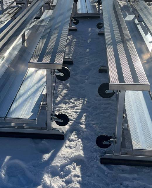 Aluminum 3 tier bleachers with wheels for transport